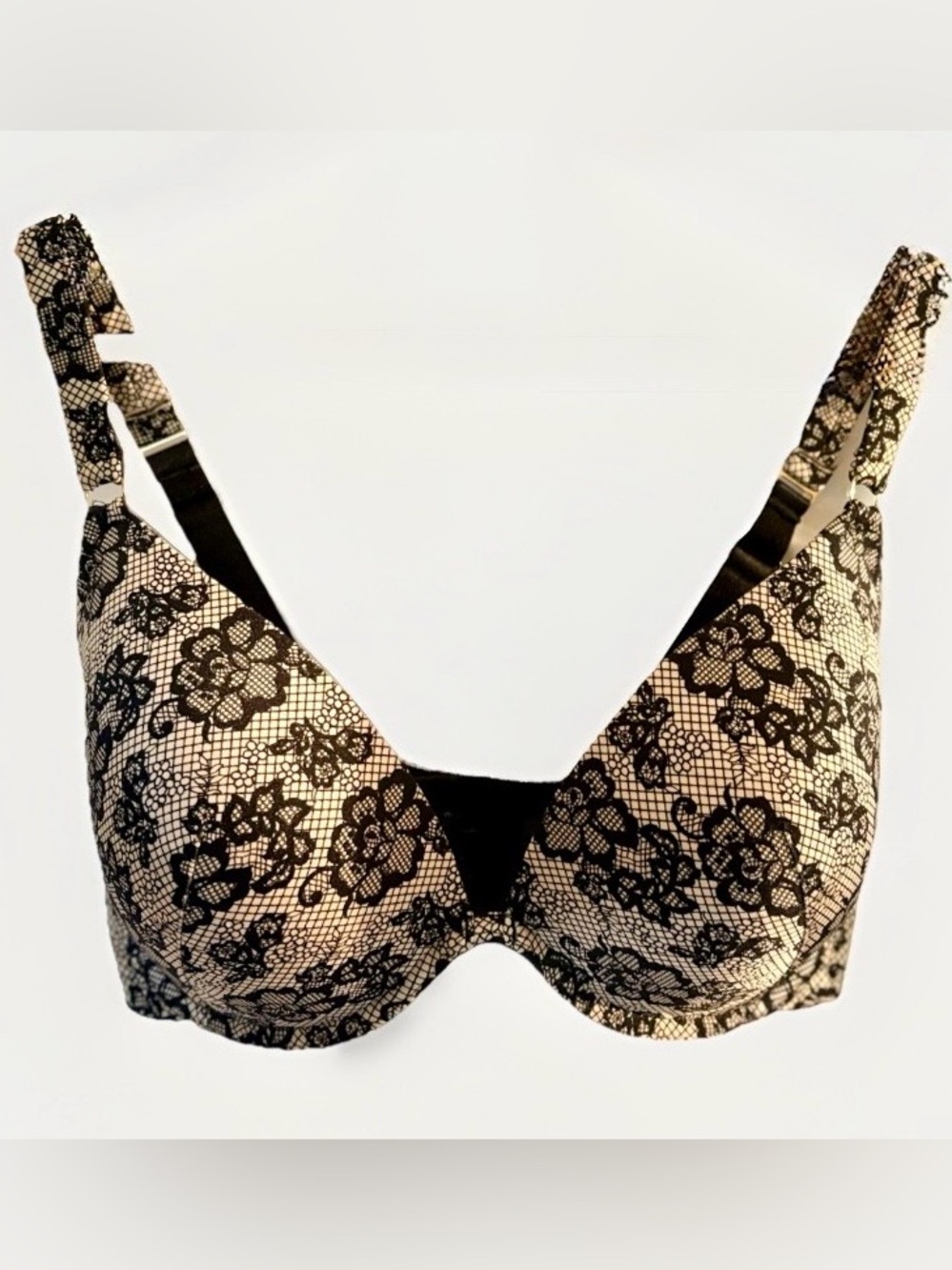 Ambrielle Mystique Convertible Bra 36DDD Underwire Black Beige Lace Plunge Lined